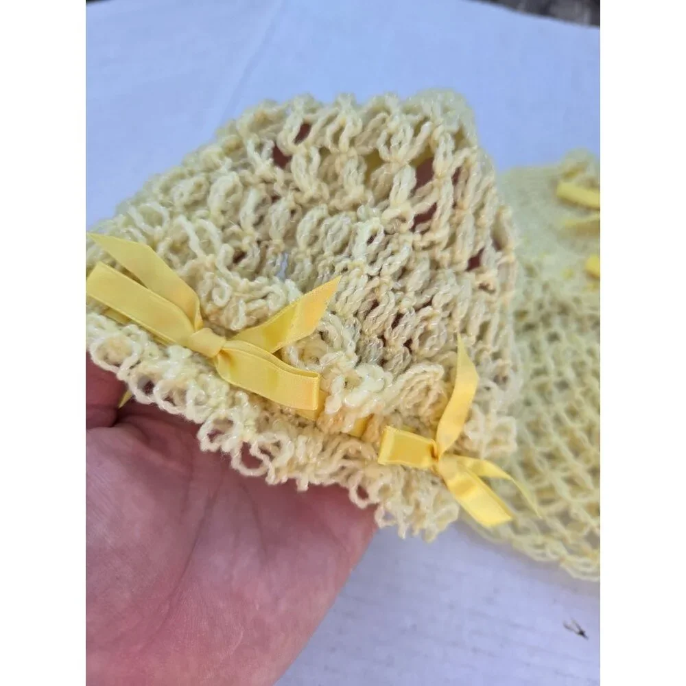 Vintage Handmade Knit Crochet Doll Or Baby Clothes‎ Set Bonnet Sweater Booties